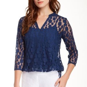 Rare Tommy Bahama Lace Dot sheer Top sz M Blue Drawstring
